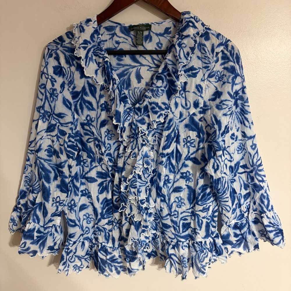 Lauren Ralph Lauren Blue White Floral Print Ruffle Cotton Blouse XL